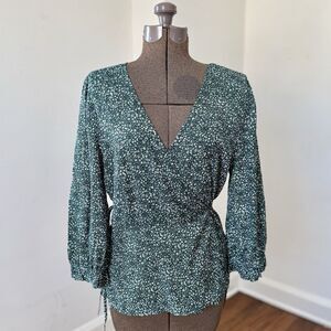 Lucky Brand Printed Amelia Wrap Top Green Floral Size Large Cotton Viscose Blend